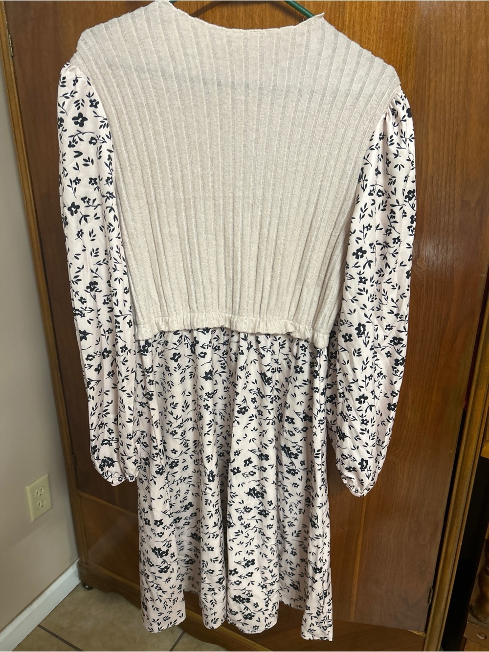 Girls' Cream and Black Floral Knit-Top Dress